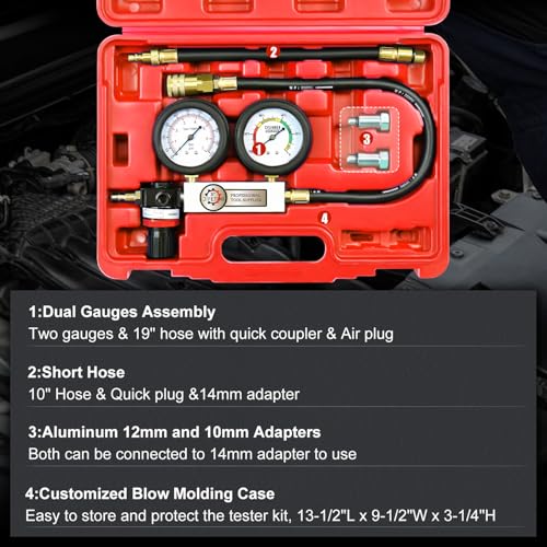JIFETOR Cylinder Leak Down Tester Kit, Professional Dual Pressure Gauges Engine Compression Leakdown Detector Leakage Test Set for Gasoline Engine with 10 12 14mm Spark Plugs on Car Truck Motorcycle - Image 2