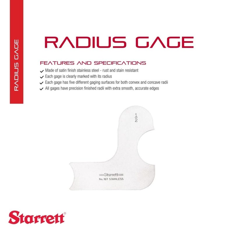 Starrett Individual Radius Gage for Both Convex and Concave Radii - Ideal for Carpenters and Constructions - Stainless Steel, 1/2" Radius Gage, Inch Reading - 167-1/2 - Image 2