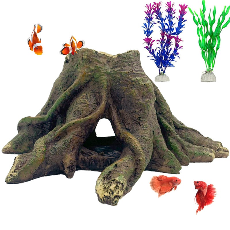 MUYG Aquarium Landscape Tree Stump Artificial Resin Tree Hole Ornament Hollow Trunk Cave Betta Cave Rocks Fish Tank Decoration for Cichlid Hiding