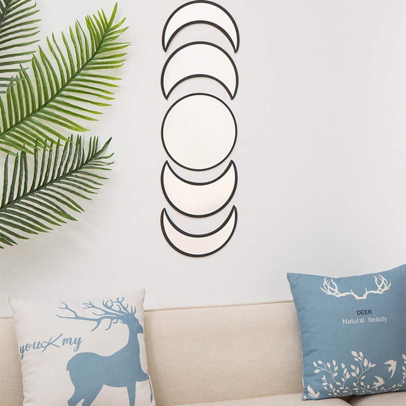 Keweis 5 Pieces Scandinavian Natural Decor Acrylic Wall Decorative Interior Design Wooden Moon Phase Mirror Bohemian Wall Decoration for Home Living Room Bedroom - Not Real Mirror(Black) - Image 3