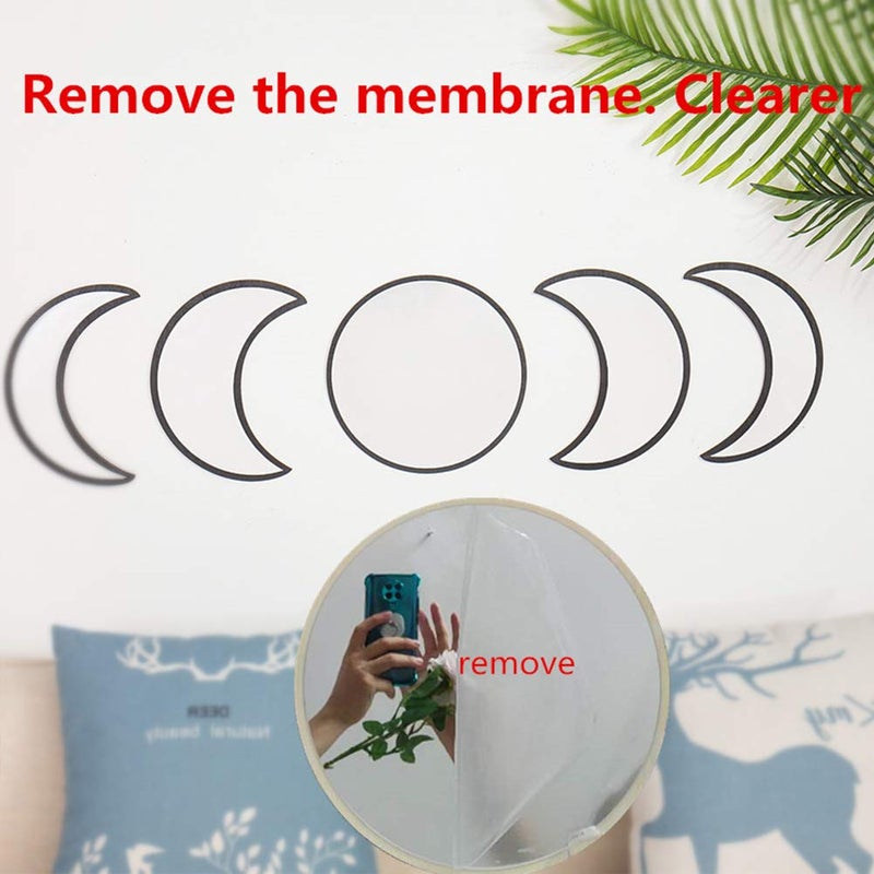 Keweis 5 Pieces Scandinavian Natural Decor Acrylic Wall Decorative Interior Design Wooden Moon Phase Mirror Bohemian Wall Decoration for Home Living Room Bedroom - Not Real Mirror(Black) - Image 2