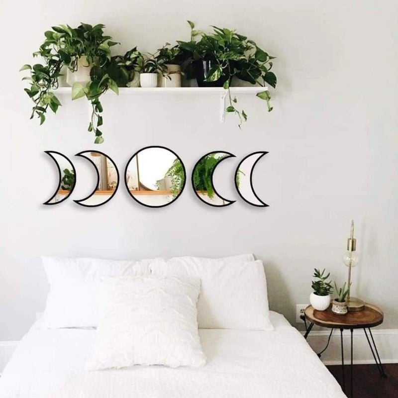 Keweis 5 Pieces Scandinavian Natural Decor Acrylic Wall Decorative Interior Design Wooden Moon Phase Mirror Bohemian Wall Decoration for Home Living Room Bedroom - Not Real Mirror(Black) - Image 5