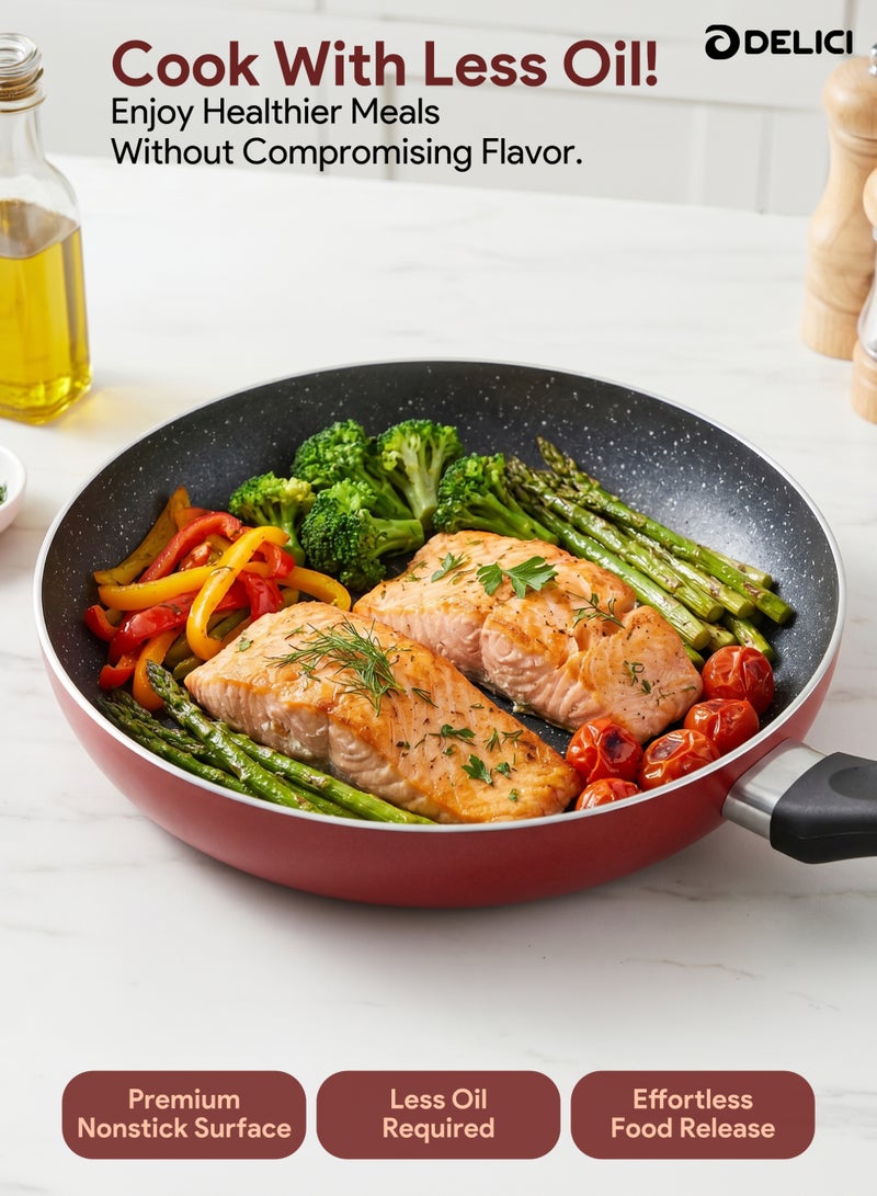 DELICI 30cm Non Stick Granite Fry Pan Frying, Premium Aluminium Frying Pan with PFOA Free Healthy Nonstick Coating, Induction & Gas Stove Compatible Skillet, Heat Resistant Bakelite Handle, Kitchen Food Cooking Preparation, Dishwasher Safe Cookware - AFP30ME, Maroon - Image 3