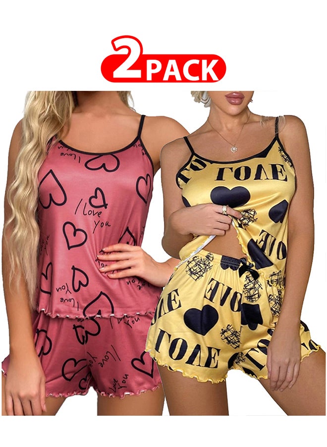 2 Pack Women's XL Size 2 Pieces Heart Graphic Print Satin Lounge Set Sleeveless Binding Trim Cami Top and Shorts Pajama Set /XL Bust:98cm Waist:80cm Pants Length:34cm - Image 1