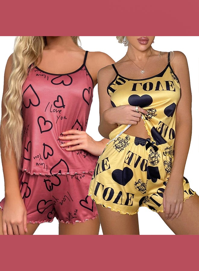 2 Pack Women's XL Size 2 Pieces Heart Graphic Print Satin Lounge Set Sleeveless Binding Trim Cami Top and Shorts Pajama Set /XL Bust:98cm Waist:80cm Pants Length:34cm - Image 3