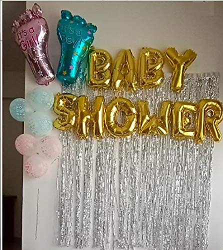 Amit Marketing Baby Shower Decoration Kit Combo - Fringe Foil Curtains, Banner, Foot Balloons & Latex Metallic Balloons I It?s a boy and a Girl Lovely Balloon I Party Decor items - Set of 15 Pcs - Image 5