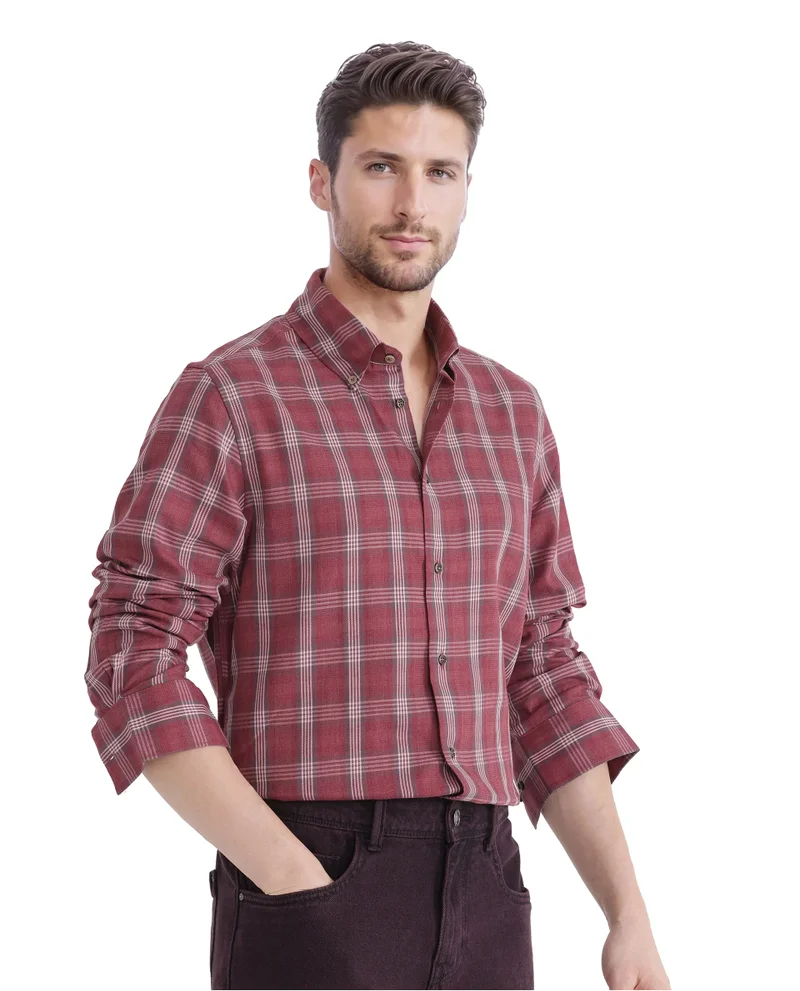 رير رابِت Rare Rabbit Men's Rosy Dark Pink Cotton Fabric Full Sleeve Collared Neck Checks Shirt