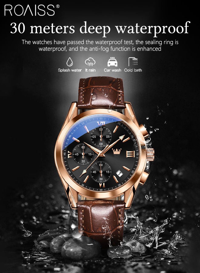 رويس ساعة كرونوغراف كوارتز بحزام جلدي للرجال، ساعة بقرص أسود دائري بإطار ذهبي وردي، ساعة يد مضيئة مقاومة للماء كهدية للرجال - Image 5