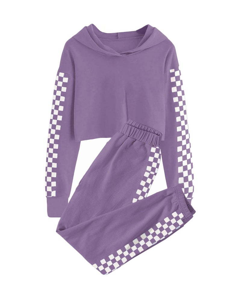 Meikulo Crop Tops for Teen Girls Hoodies Two Piece Outfits Tracksuit Activewear Kids Cute Long Sleeve Sweatshirts Sweatpants Purple, 5-6 Years - Image 1
