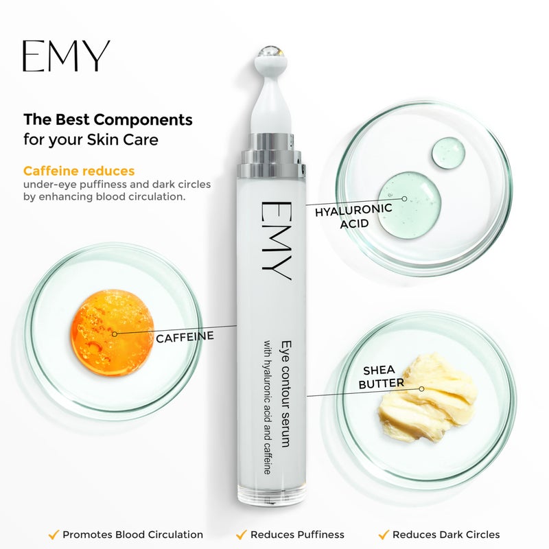 EMY Eye Roller Serum with Caffeine & Hyaluronic Acid Reduces Dark Circles, Puffiness & Fine Lines Cooling Steel Ball Applicator Hydrating Non-Greasy Fast Absorbing For All Skin Types - Image 2