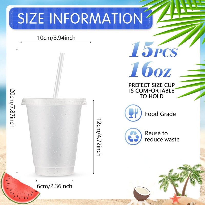 Rtteri 15 Pcs Reusable Cups with Straws and Lids 16 oz Glitter Tumblers Plastic Party Favor Cups with Lids Travel Mug Tumbler for Easter Graduation Party Iced Beverage Water(Clear) - Image 2