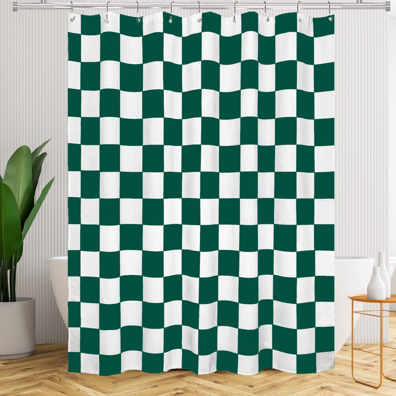 Tititex Aesthetic Checkerboard Grid Pattern Shower Curtain  White Green Modern Shower Curtain Sets Decoration 71x71 Inch with Hooks - Image 3