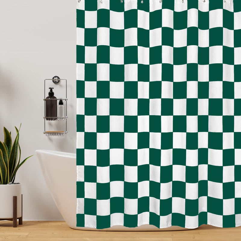 Tititex Aesthetic Checkerboard Grid Pattern Shower Curtain  White Green Modern Shower Curtain Sets Decoration 71x71 Inch with Hooks - Image 2