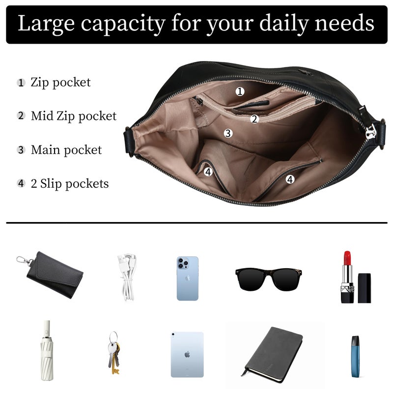 Iswee Genuine Leather Hobo Bags for Women Handbags Real Leather Purses Tote Black Slouchy Shoulder Purse Satchel Large Cross Body Bag (Black) - Image 5