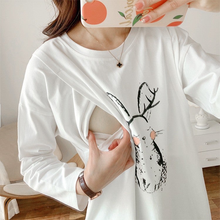 Postpartum Nursing Top Thin Long Sleeve Tee for New Moms White# ink rabbit 