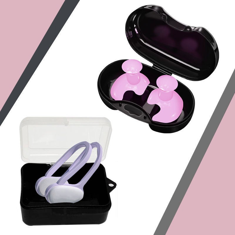 Generic Swimming Nose Clip Earplugs Set Silicone Anti-Slip Purple double-Rod nose clip + pink earplugs