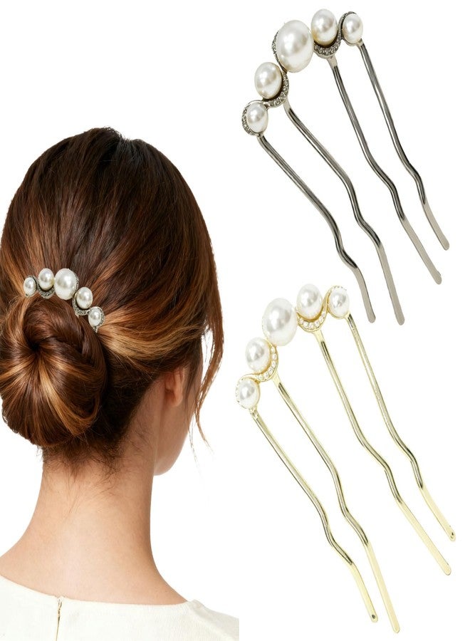 DeepSexual 2Pcs Pearl U-Shaped Hair Pins for Buns, Vintage Metal Twist-Style Hair Comb Clips Accessories for Women (Black/Gold) - Image 1