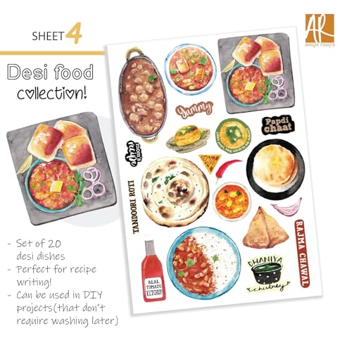 anujarusiya Food Sticker Set – 115 Matte Precut Stickers | Indian & International Cuisine Illustrations | 6 A5 Sheets for Recipe Journals, Planners & Scrapbooking - Image 5