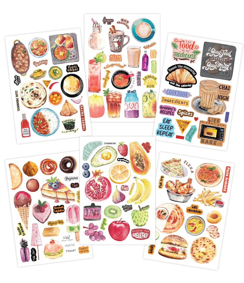 anujarusiya Food Sticker Set – 115 Matte Precut Stickers | Indian & International Cuisine Illustrations | 6 A5 Sheets for Recipe Journals, Planners & Scrapbooking - Image 1