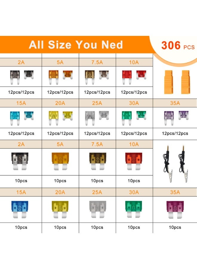 مجموعة صمامات السيارات المصنوعة من الزنك، مكونة من 306 قطعة، مع جهازي اختبار صمامات السيارات وجهازي سحب الصمامات، وصمامات شفرة بديلة للسيارات والقوارب والشاحنات وسيارات الدفع الرباعي، قياسية وصغيرة ونحيفة (2 أمبير/5 أمبير/10 أمبير/15 أمبير/20 أمبير/25 أمبير/30 أمبير/35 أمبير) (306 قطعة) - Image 2