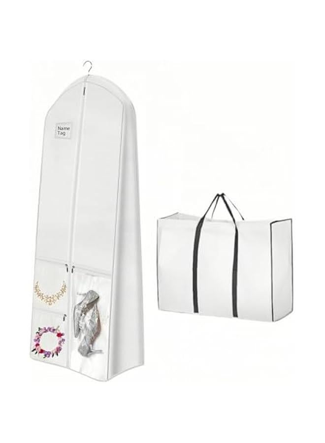Durku 71 Wedding Dress Garment Bag Dress Bags for Gowns Bridal Dress with 3 Accessory Pockets and a tote bag for Puffy Bridal Gowns Cover, Travel Hanging Clothes or Storage Preservation，White - Image 1