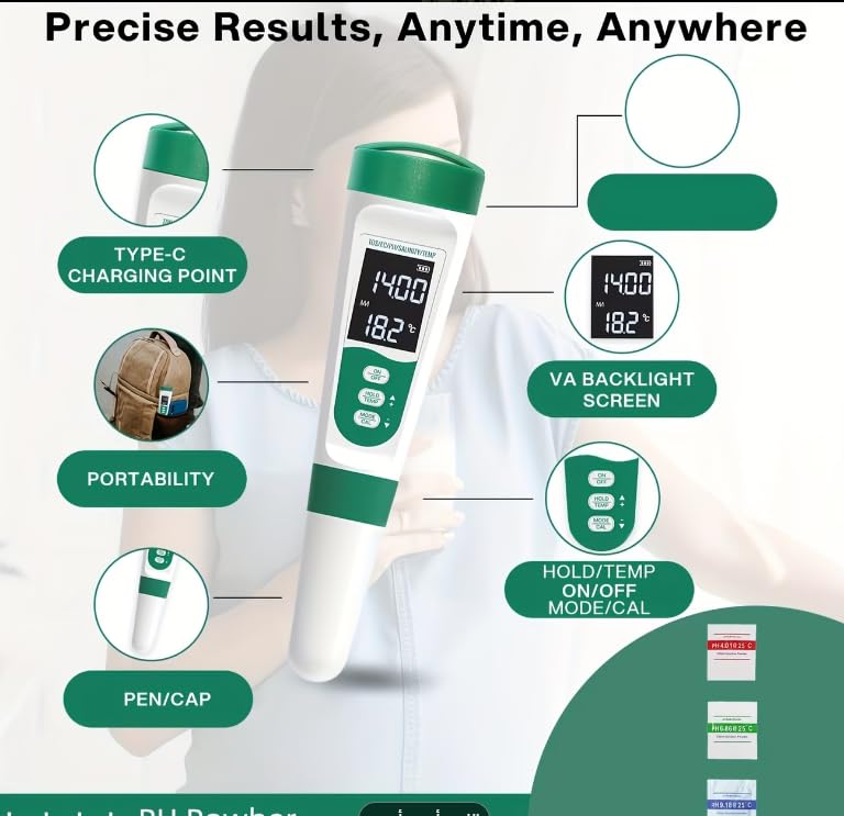Meridian 5-in-1 Water Quality Tester for PH, TDS, EC, Salinity, and Temperature with Backlit Display - CT - Image 3