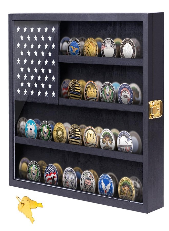 WodGod Military Challenge Coin Display Case, 16”x12” Wooden American Flag Medal Shadow Box with Anti-Fade UHD Acrylic Door, Gold-Antitheft Lock, 2 Groove Shelves and Wall Mount (Black184) - Image 1