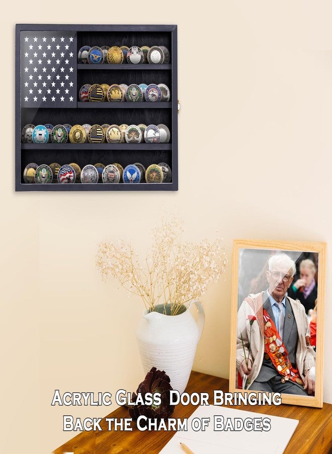 WodGod Military Challenge Coin Display Case, 16”x12” Wooden American Flag Medal Shadow Box with Anti-Fade UHD Acrylic Door, Gold-Antitheft Lock, 2 Groove Shelves and Wall Mount (Black184) - Image 5