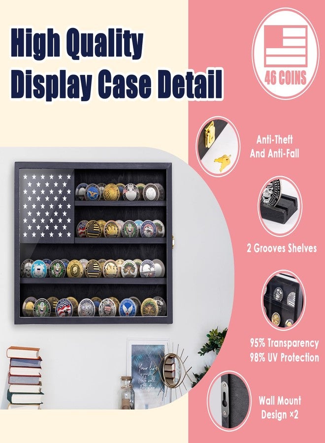 WodGod Military Challenge Coin Display Case, 16”x12” Wooden American Flag Medal Shadow Box with Anti-Fade UHD Acrylic Door, Gold-Antitheft Lock, 2 Groove Shelves and Wall Mount (Black184) - Image 3