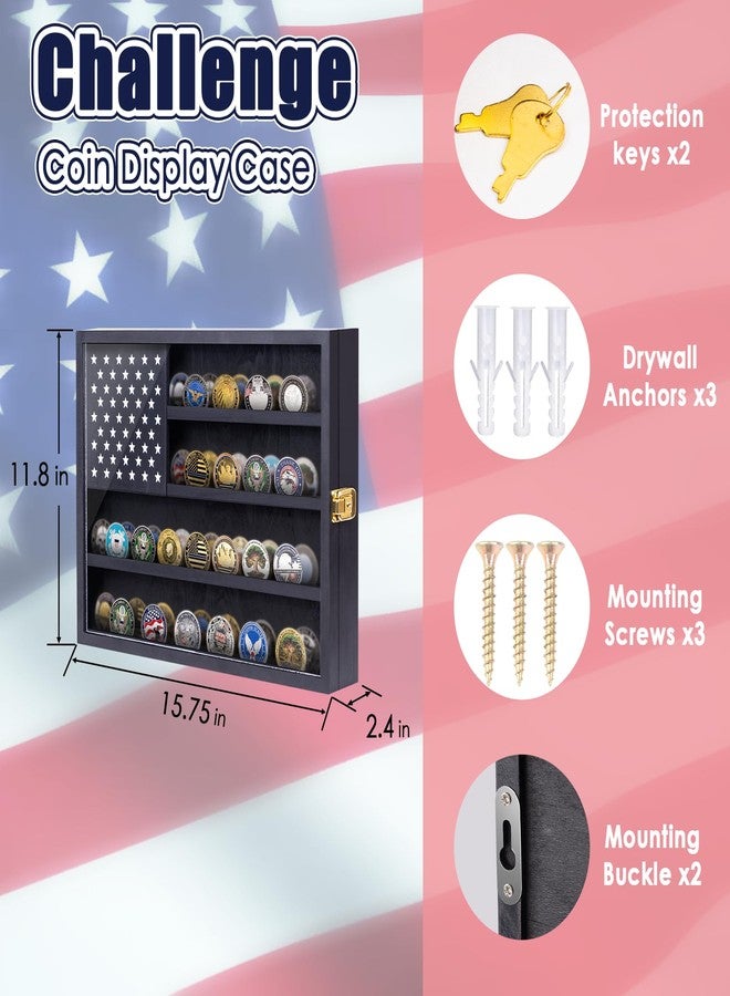 WodGod Military Challenge Coin Display Case, 16”x12” Wooden American Flag Medal Shadow Box with Anti-Fade UHD Acrylic Door, Gold-Antitheft Lock, 2 Groove Shelves and Wall Mount (Black184) - Image 2