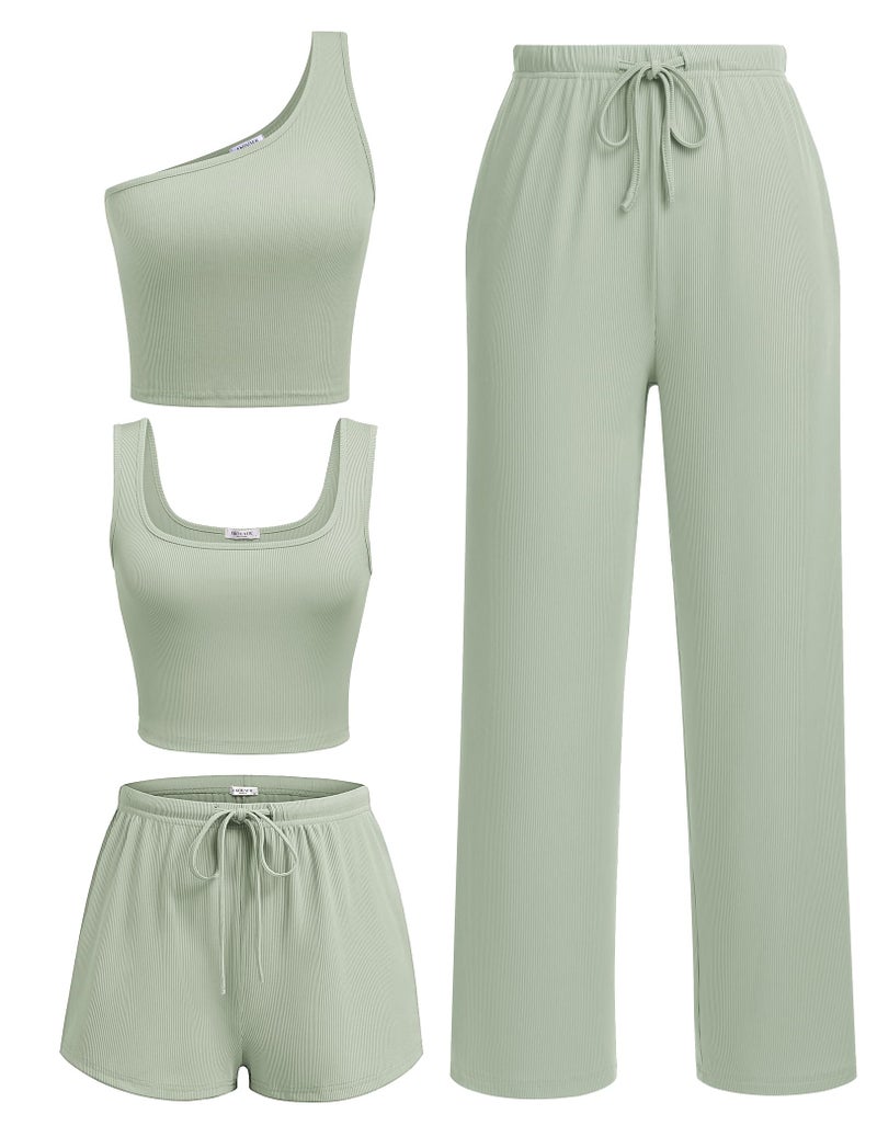 Ekouaer Womens 4 Piece Lounge Sets Ribbed Knit Crop Tank Top and Shorts Pants Casual Outfits Light Green - Image 1