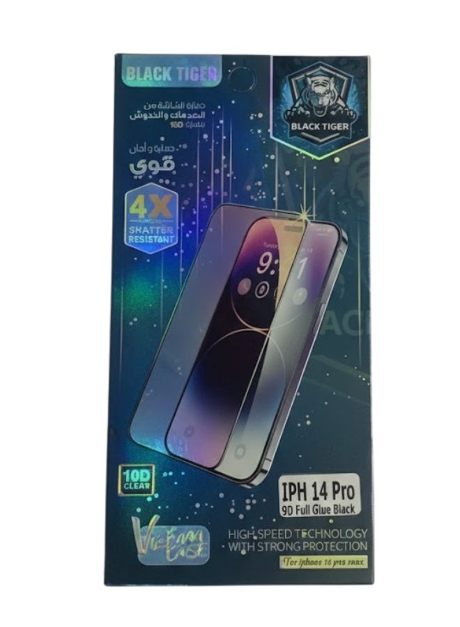 Black Tiger 10D Full Glue Tempered Glass Screen Protector for iPhone 14 Pro with 4X Shatter Resistance and Strong Protection