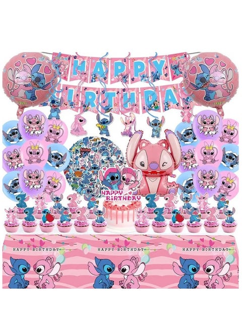 Stitch Party Supplies, 101PCS Birthday Decorations Set Include Banner, Balloons, Stickers, Hanging Swirls, Cake Cupcake Toppers, Tablecloth for Girls Pink Stitch Theme Party