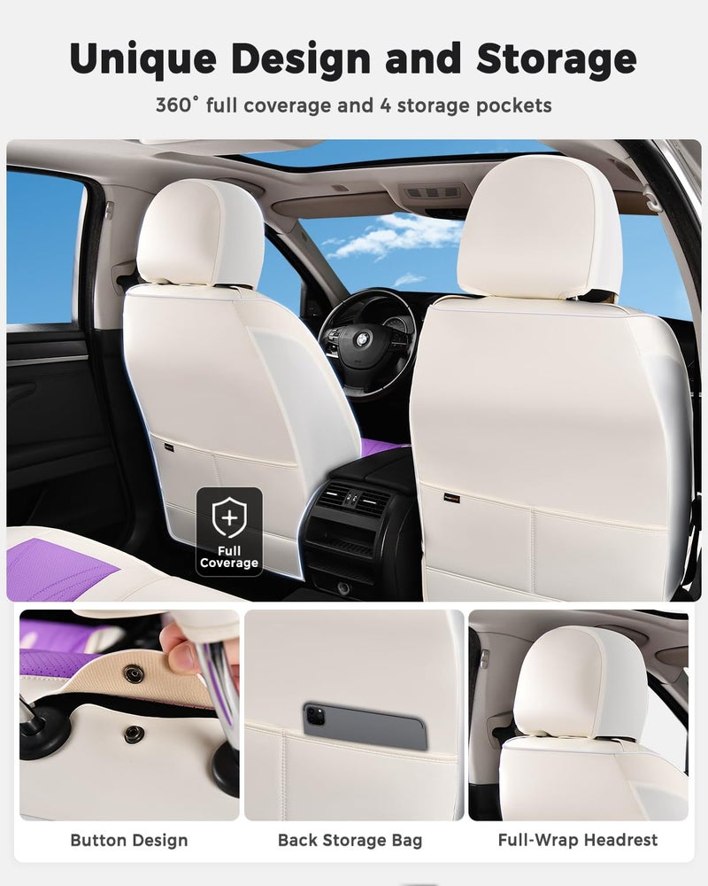 Huidasource Car Seat Covers Full Set, Universal Fit for Most Cars SUV Trucks, Full Coverage Nappa Leather Seat Cover, Airbag, Cupholder Compatible, Seat Function Retain, White&Purple - Image 2