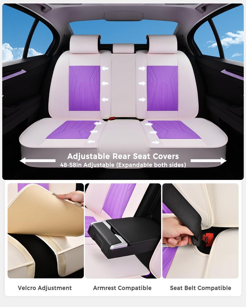 Huidasource Car Seat Covers Full Set, Universal Fit for Most Cars SUV Trucks, Full Coverage Nappa Leather Seat Cover, Airbag, Cupholder Compatible, Seat Function Retain, White&Purple - Image 3