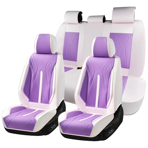 Huidasource Car Seat Covers Full Set, Universal Fit for Most Cars SUV Trucks, Full Coverage Nappa Leather Seat Cover, Airbag, Cupholder Compatible, Seat Function Retain, White&Purple - Image 1