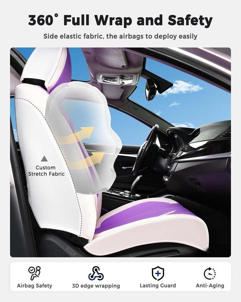 Huidasource Car Seat Covers Full Set, Universal Fit for Most Cars SUV Trucks, Full Coverage Nappa Leather Seat Cover, Airbag, Cupholder Compatible, Seat Function Retain, White&Purple - Image 5