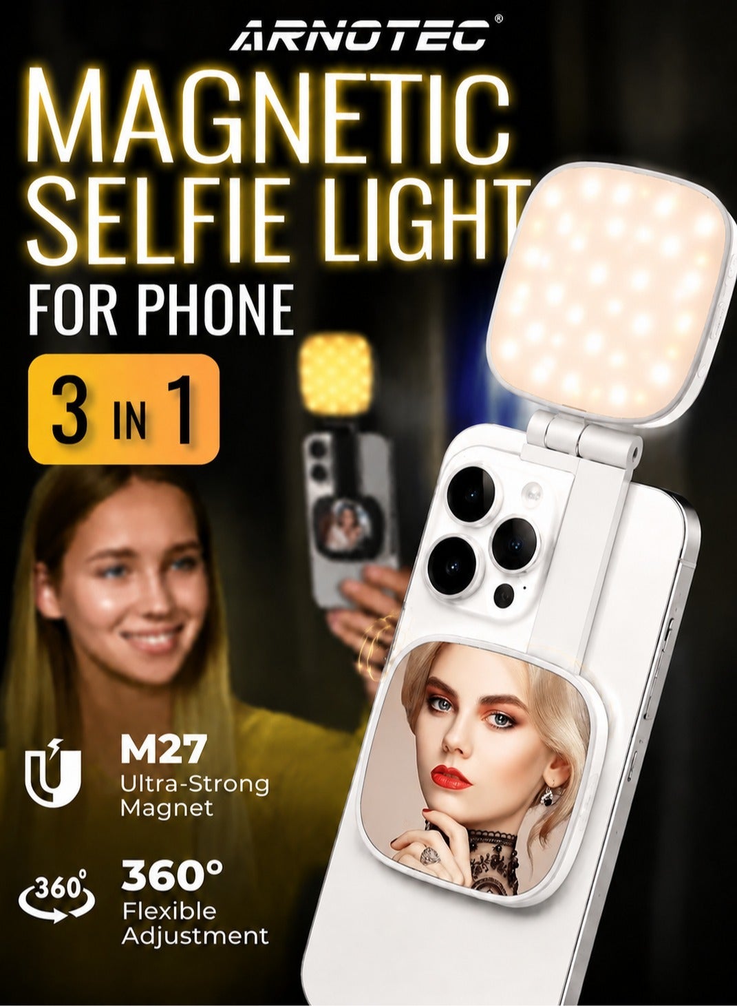 ARNOTEC Magnetic Selfie Light with HD Makeup Mirror, 700lx LED Ring Light with 5 Color Modes & Brightness Levels, USB-C Rechargeable, Adjustable Angle, Compatible with MagSafe & All Phones