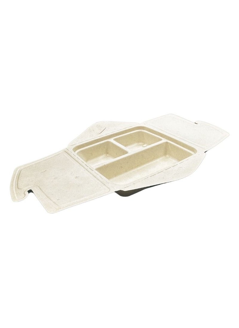 YASHTECH Natural Sugar Pulp Light Beige Square 3 Compartment Takeaway Meal Box Pack of 50 Pcs  - Image 3