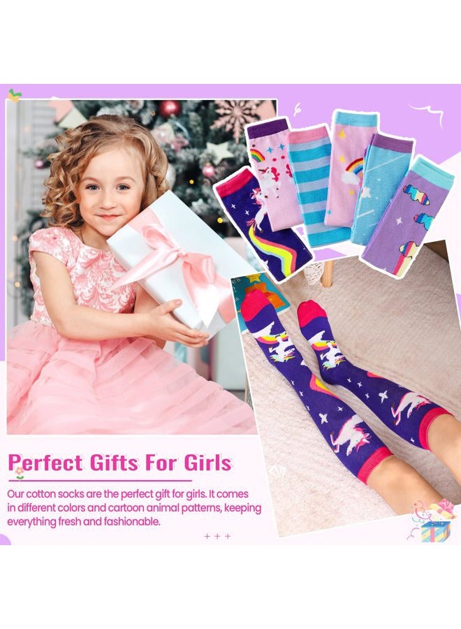 Eocom Girls Knee High Socks Cartoon Animal Warm Cotton Stockings Mid Calf Long Boot Socks for Kids 6 Pairs (Color A) - Image 2