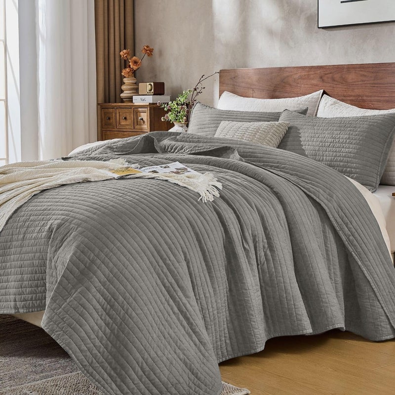 DOWN HOME Queen Quilt Bedding Set with Shams, Vintage Washed Soft Quilted Blanket Thin Comforter Lightweight Bedspread Coverlet Bed Cover, Brushed Microfiber Stripe Stitching, Ash Gray, 86"x90" - Image 1