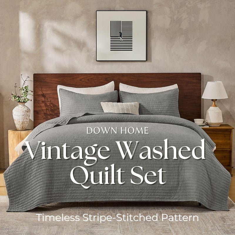 DOWN HOME Queen Quilt Bedding Set with Shams, Vintage Washed Soft Quilted Blanket Thin Comforter Lightweight Bedspread Coverlet Bed Cover, Brushed Microfiber Stripe Stitching, Ash Gray, 86"x90" - Image 2