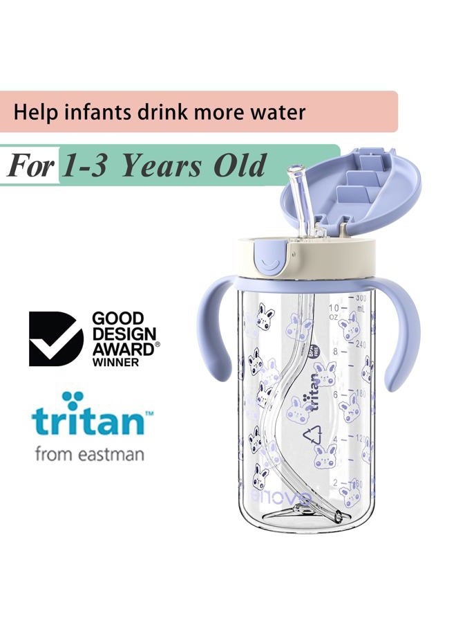 evorie Tritan Spill Proof Toddler Straw Sippy Cup, 10 oz for Baby and Toddlers 1-3 Years Old, No Spill Straw Water Bottle with Removable Handles, Ideal for School, BPA-Free, Blue Rabbit - Image 2