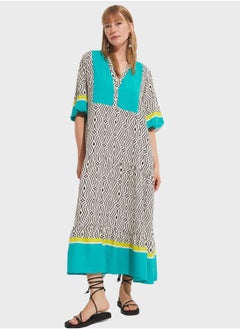 JUNE Balloon Sleeve V-Neck Button Detail Dress  - Image 1