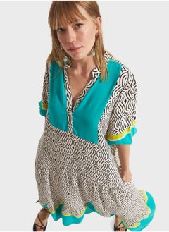 JUNE Balloon Sleeve V-Neck Button Detail Dress  - Image 3