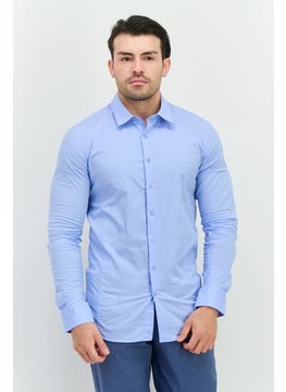 Men Stretch Long Sleeve Plain Casual Shirt, Light Blue
