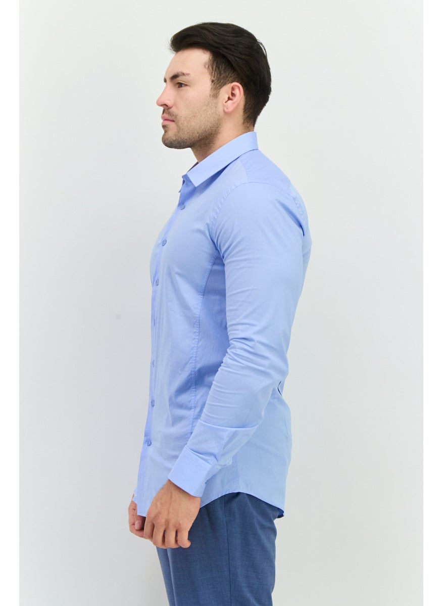 Sorbino - Men Stretch Long Sleeve Plain Casual Shirt, Light Blue - Image 1