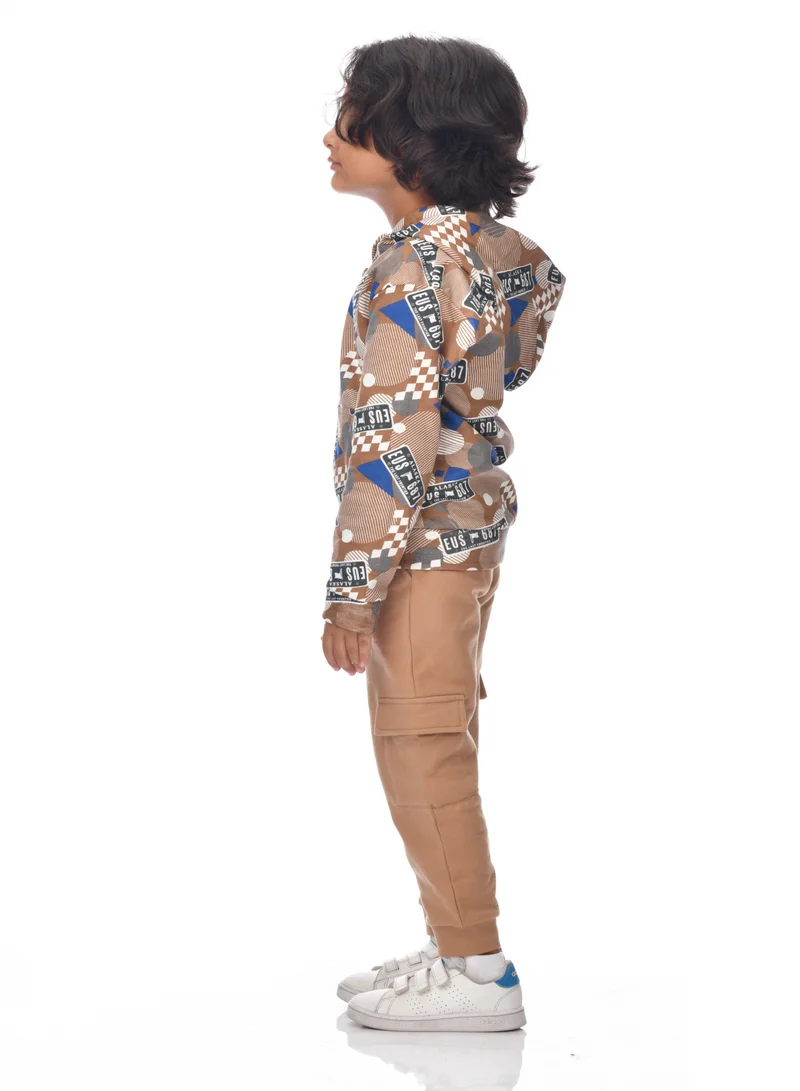 victor and jane Boys' 2-Piece Printed Full zipper Hoodie and  Brown Jogger Set