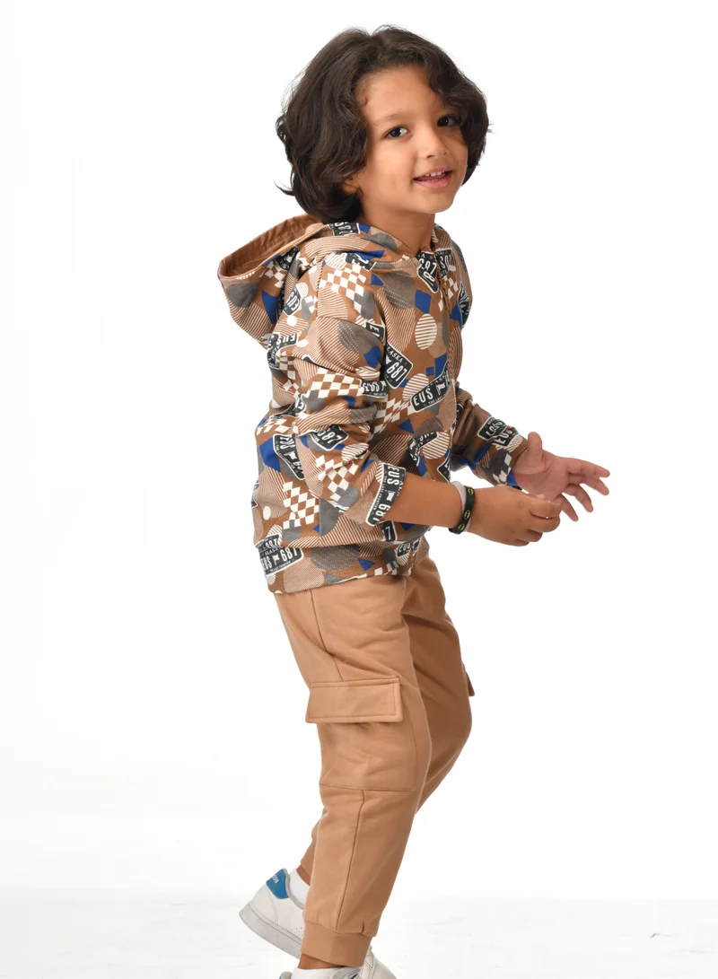 victor and jane Boys' 2-Piece Printed Full zipper Hoodie and  Brown Jogger Set