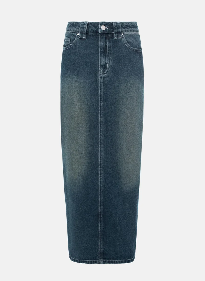 Lichi Distressed denim maxi skirt